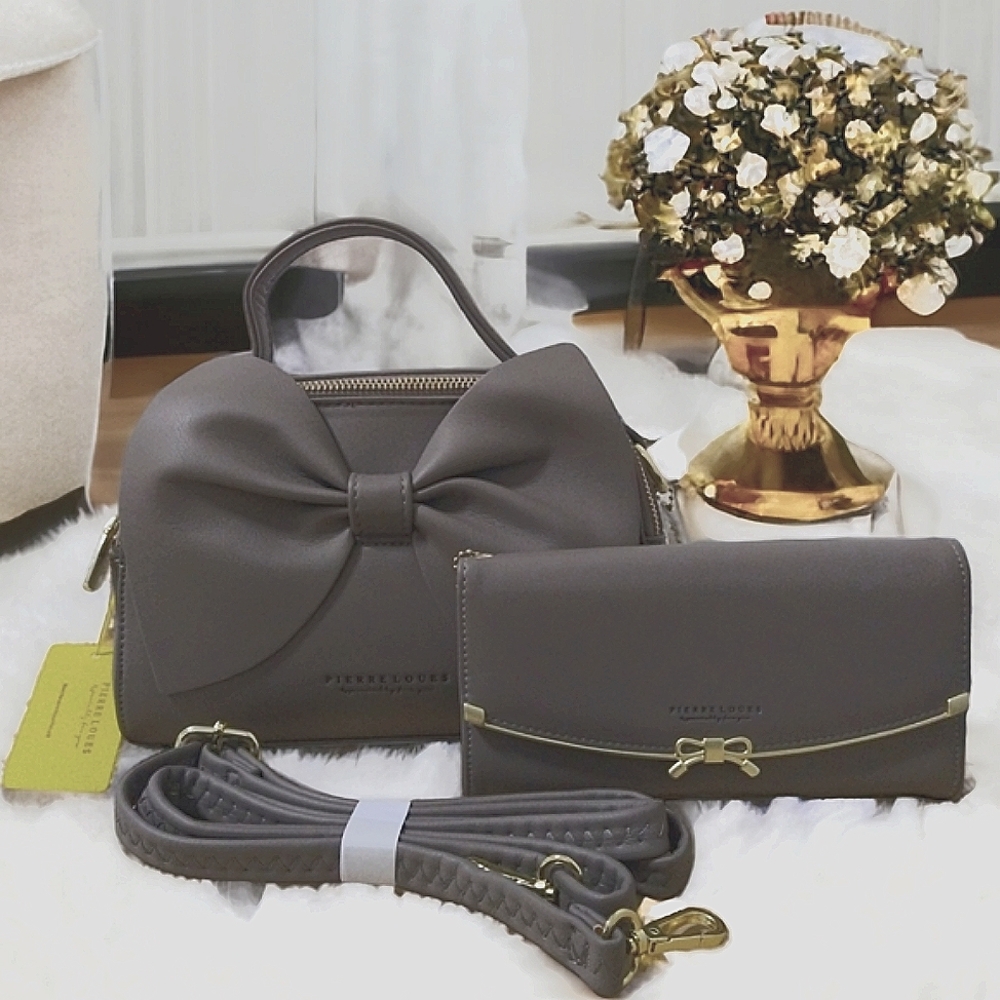 Elegant Slate Gray Bow-Front Crossbody Shoulder Bag Set- Weddings